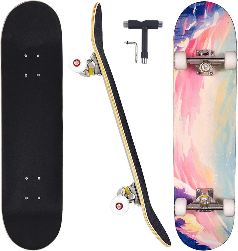 CAPARK Skateboards for Beginners Adults Youths Teens Kids Girls Boys 31 Inch Pro Complete Skate Boards 7 Layer Canadian Maple Double Kick Concave Longboards - Image 1